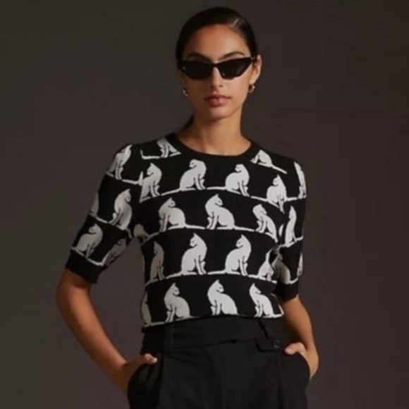ANTHROPOLOGIE MAEVE HARMON JACQUARD Black White Cat Sweater Short Sleeve - Picture 2 of 6